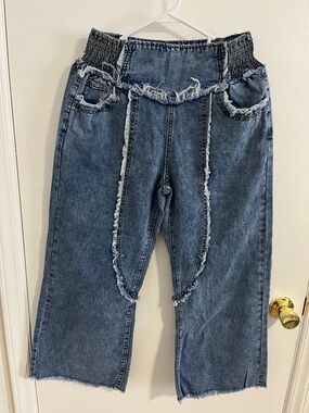 NWT SHEIN Washed Blue Distressed Flare Jeans with Smocked Waist